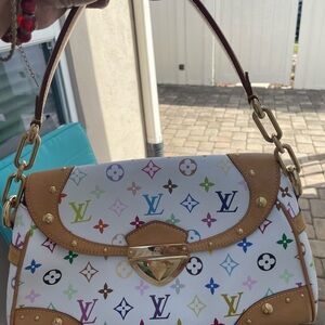 Louis Vuitton White Multicolor Monogram Shoulder Bag with Tan Trim Beverly